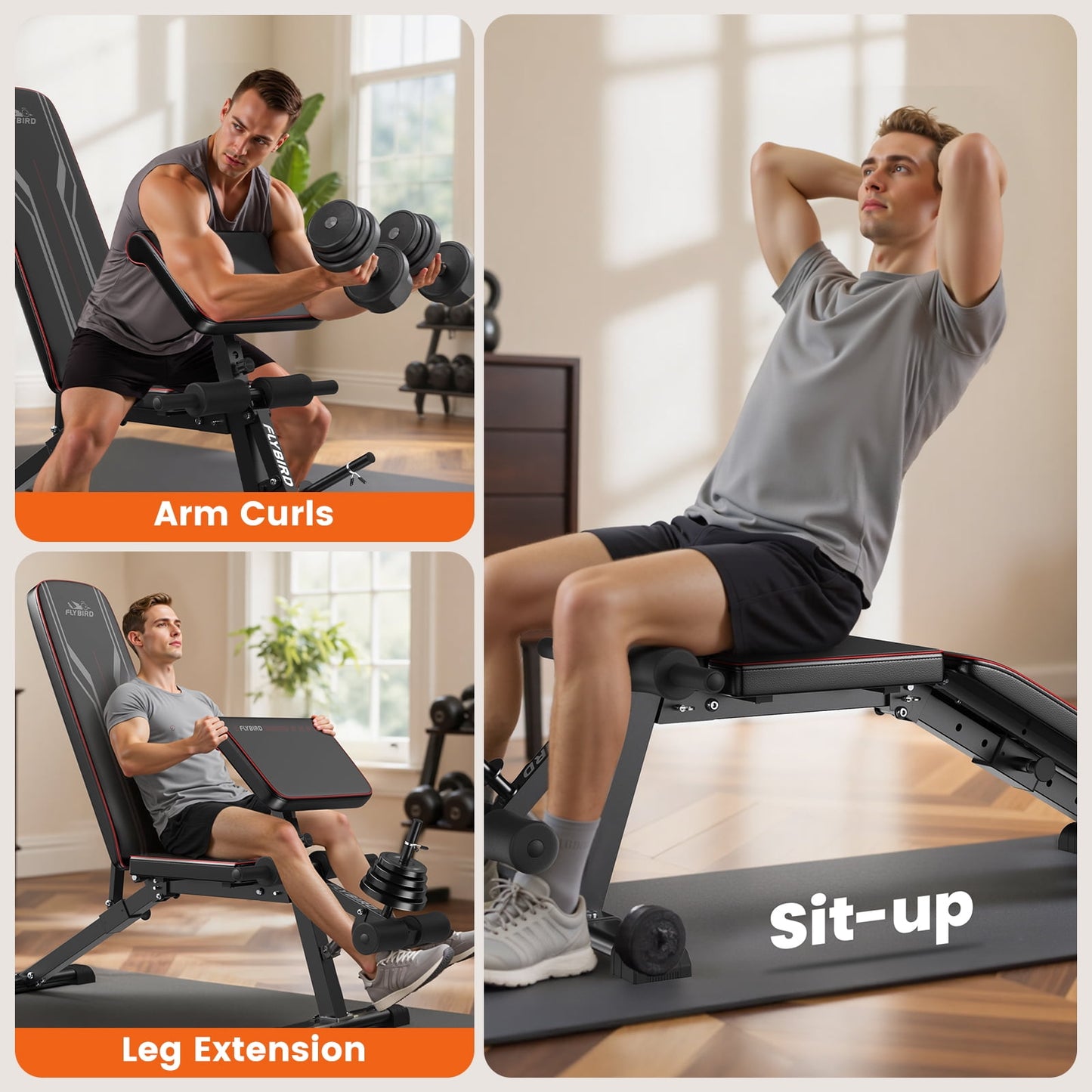 FLYBIRD Workout Bench with Leg Extension & Curl Pad
