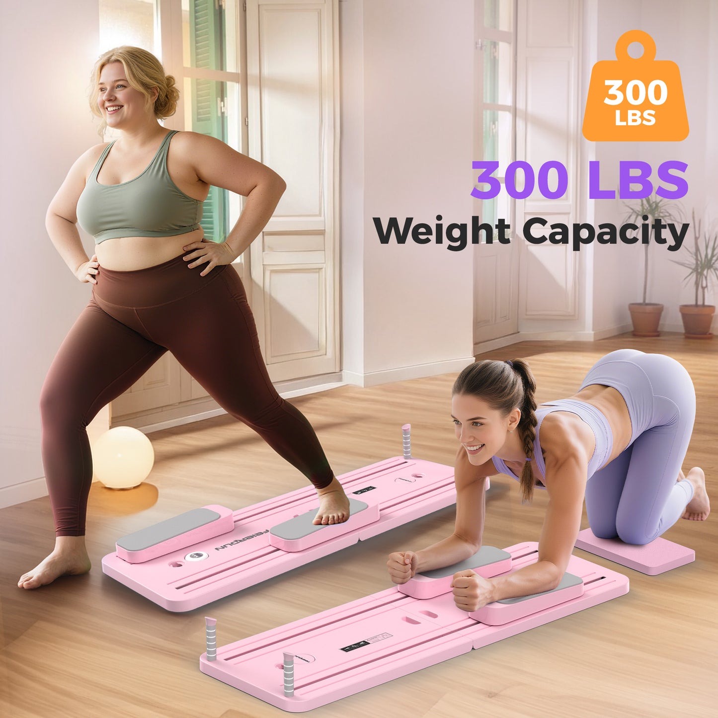 FEIERDUN 5 in 1 Folding Pilates Board, Pilates Reformer Set with 300 LBS Weight Capacity, Portable Home Pilates for Woman (Pink)