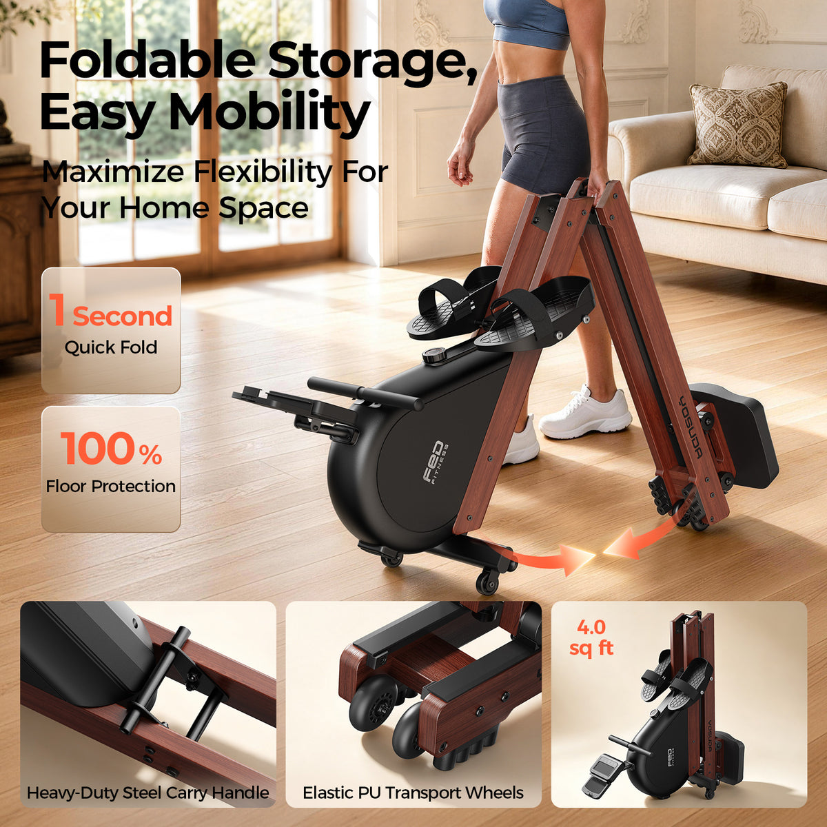 YOSUDA Wooden Rowing Machine for Home, Foldable Magnetic Rower with 32 Resistance Levels & Self-Powered System,Full Body Low-Impact Cardio Equipment