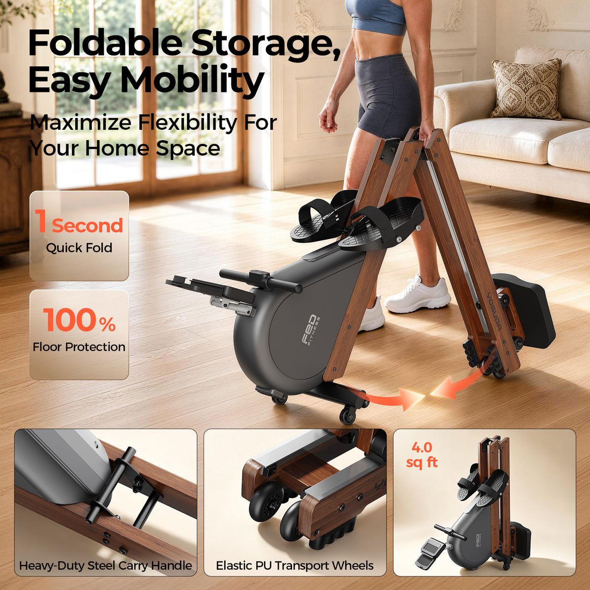 YOSUDA Wooden Rowing Machine for Home, Foldable Magnetic Rower | 32 Levels Resistance & Self-Powered System