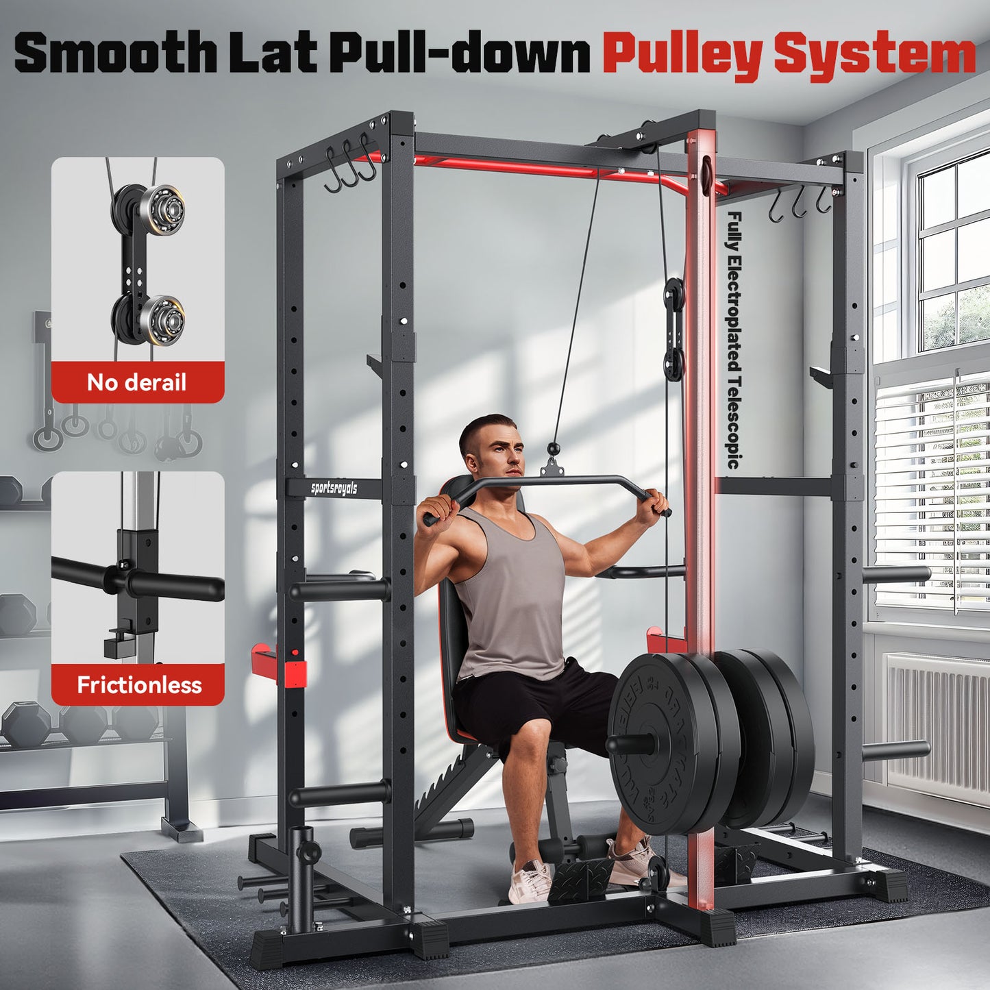 Sportsroyals Power Cage, Power Rack with Adjustable Cable Crossover System, Weight Cage for Home Gym