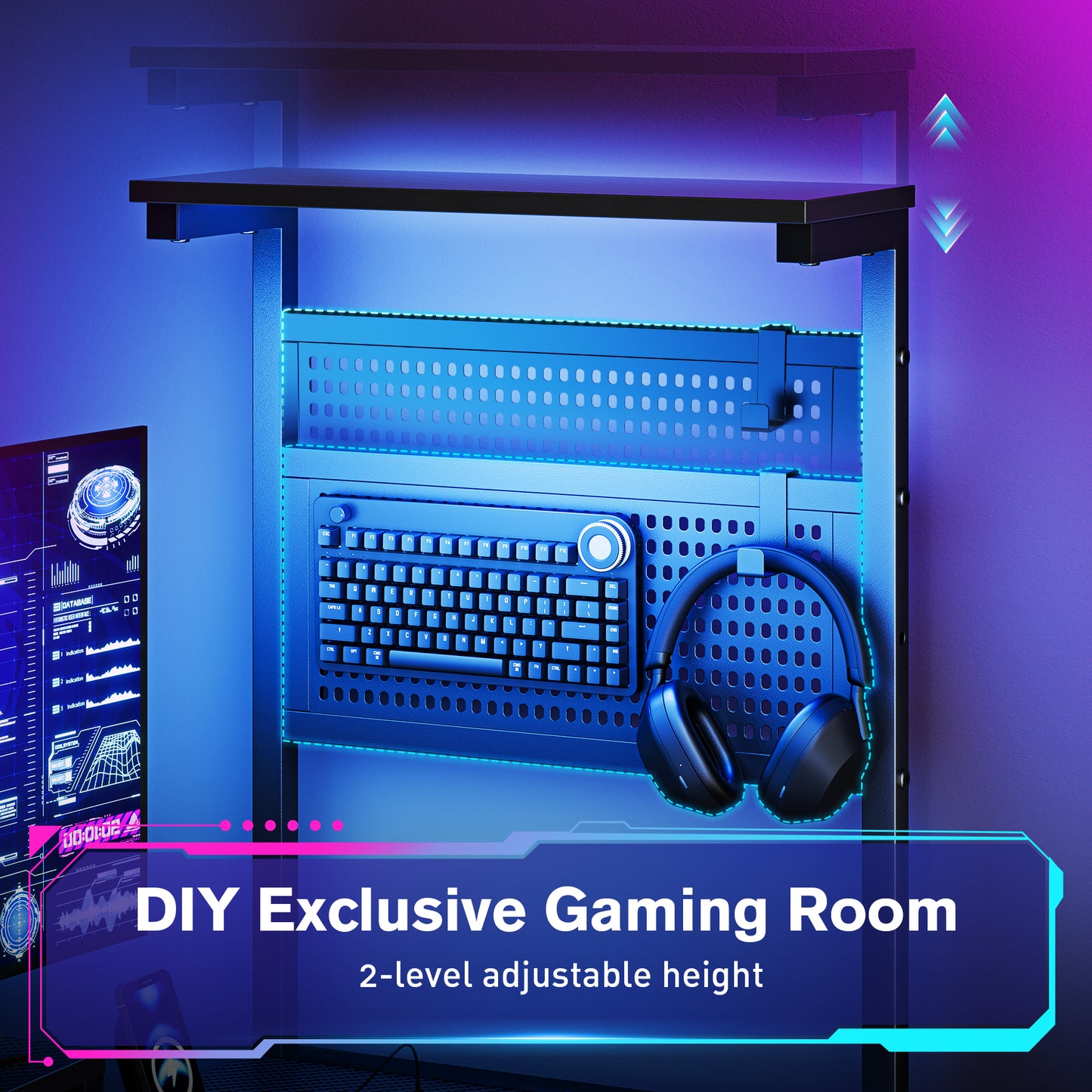 KOLIGEY Computer Desk with Adjustable Storage Rack & LED Lights, 47 Inch Gaming Desk