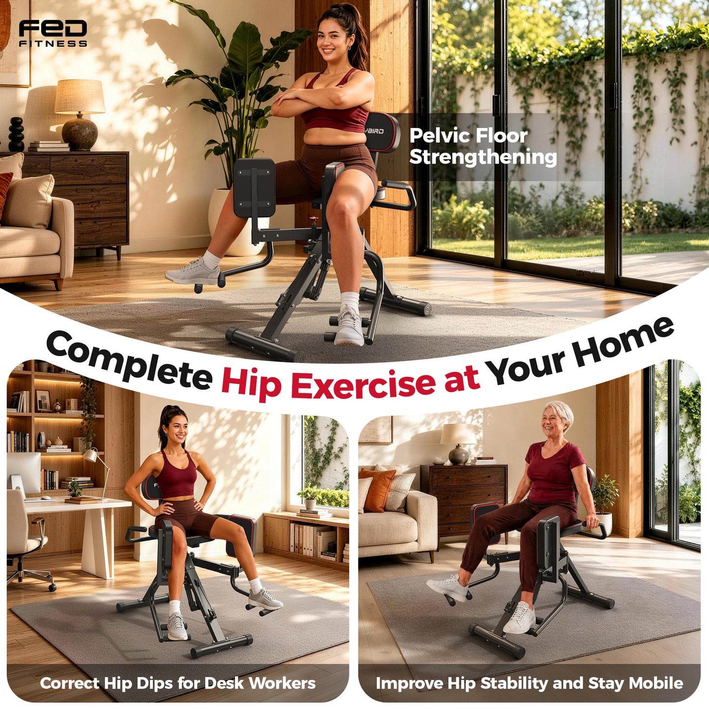 FED FITNESS 2-in-1 Hip Adductor & Abductor Machine, 6 Adjustable Resistance Bands, Dual Foot Bar, Home Gym for Glute & Inner Thigh.