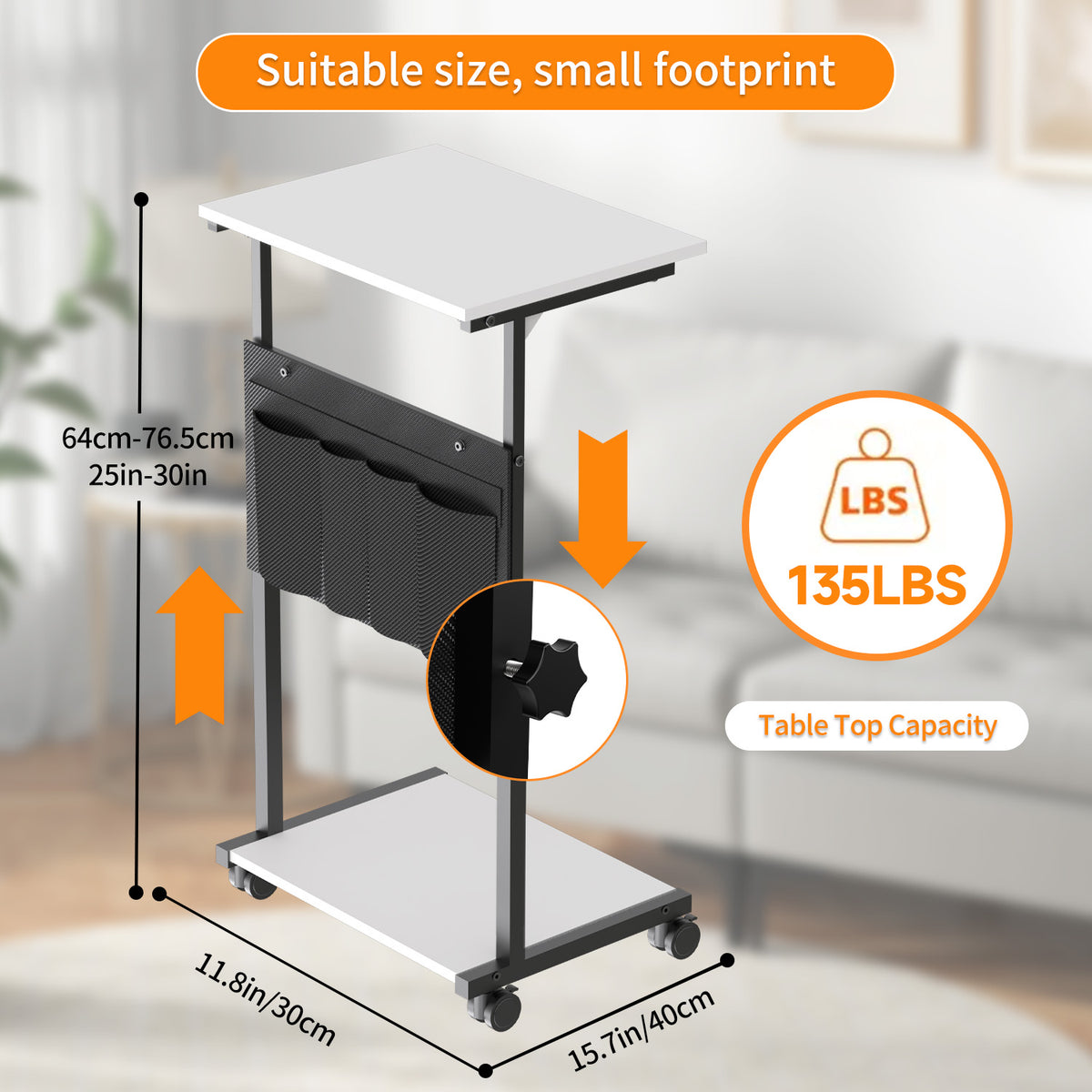 KOLIGEY Height Adjustable C-Shaped End Table with Wheels, Mobile Sofa Side Table with Storage Pocket, Rolling Laptop Desk, Lockable Casters