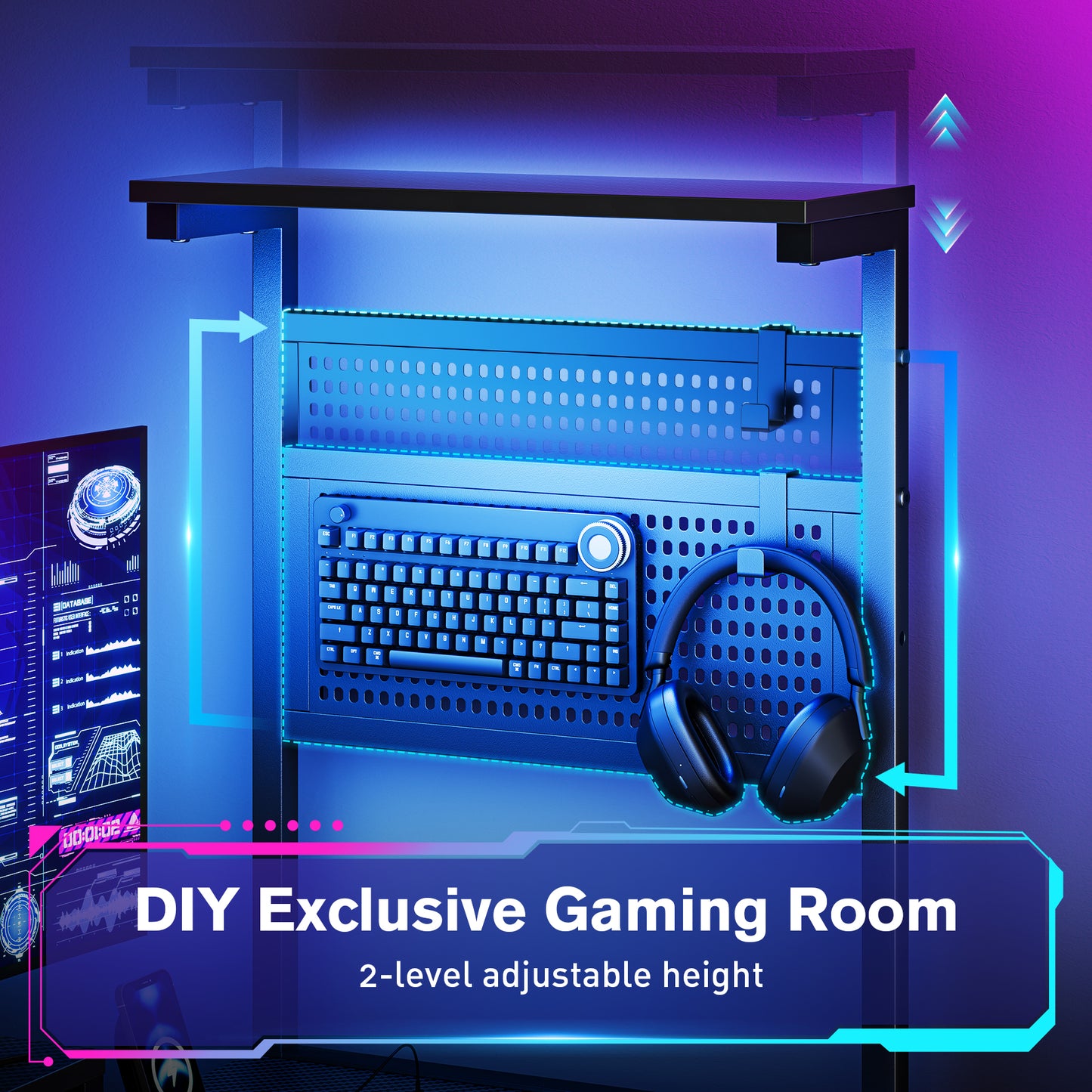 KOLIGEY Computer Desk with Adjustable Storage Rack & LED Lights, 47 Inch Gaming Desk