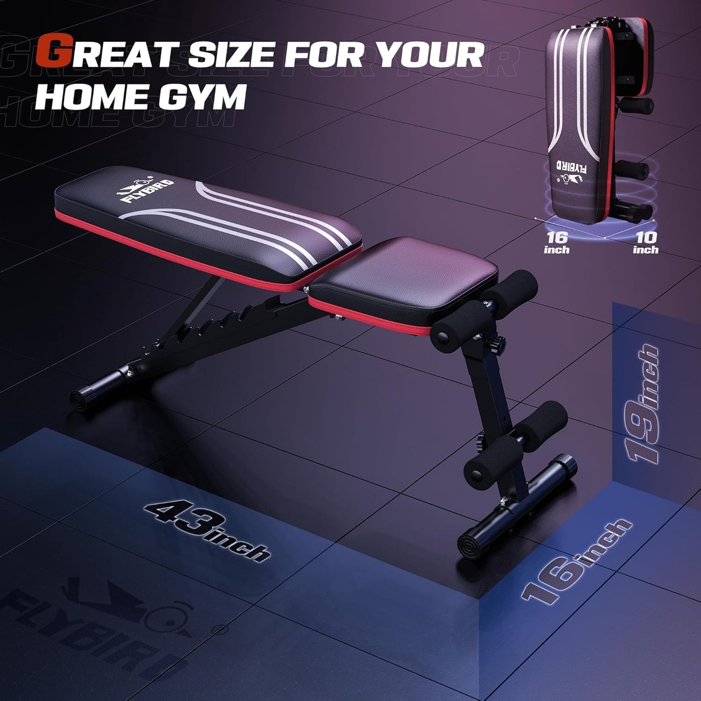 FLYBIRD Foldable Weight Bench with Resistance Bands, 8 Backrests Fast Adjustable FID for Home Gym Full Body Workout