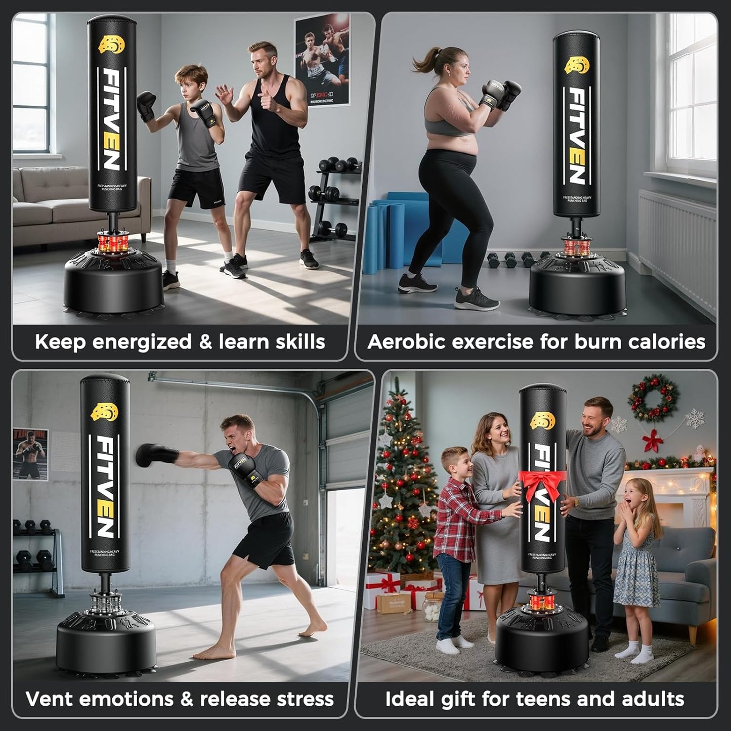FITVEN Freestanding Punching Bag with Boxing Gloves Heavy Boxing Bag with Suction Cup Base - Men Stand Kickboxing Bag