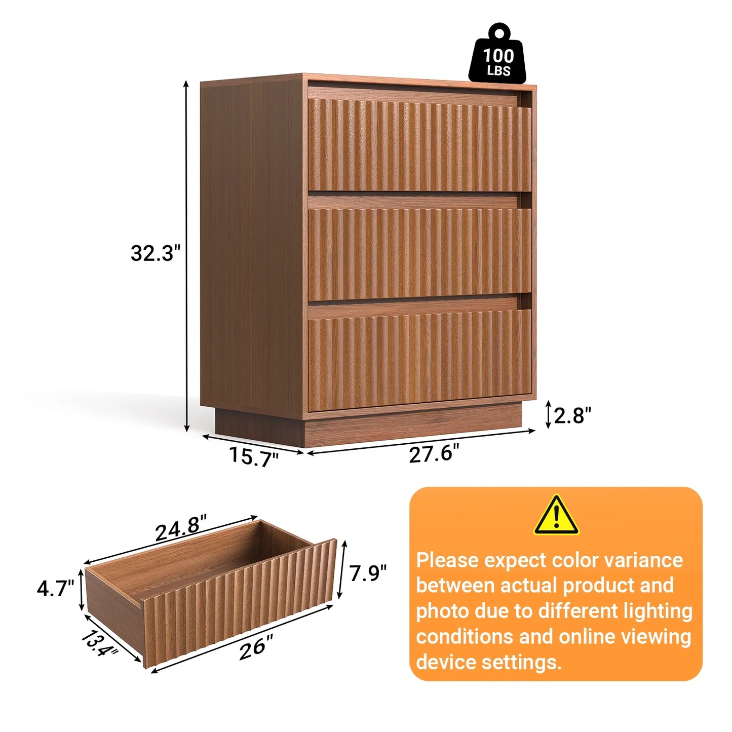 Koligey 3-Drawer Dresser 27.5"W Single Dresser With Waveform Fluted Panel