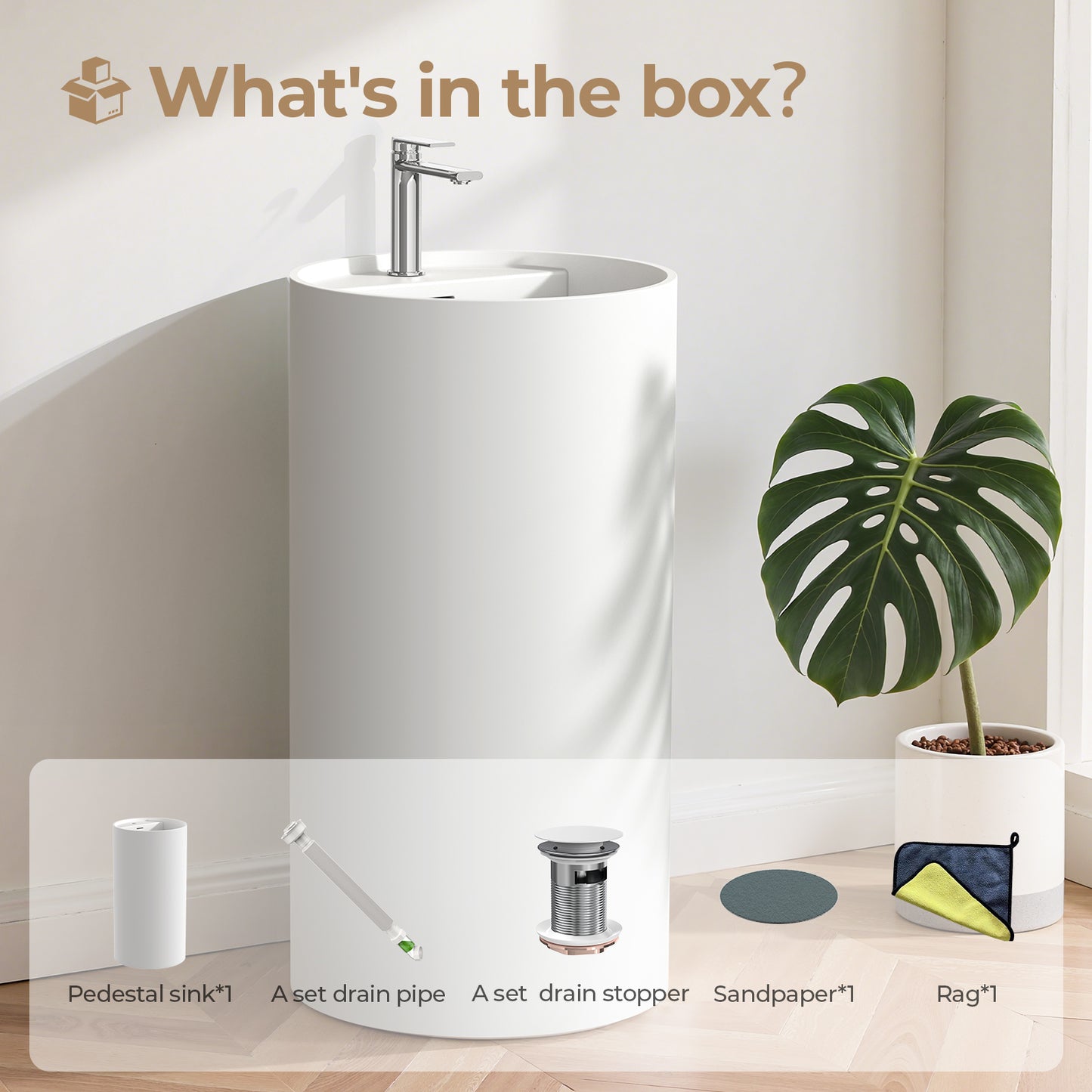 KOLIGEY 33.5'' Tall Solid Surface Circular Pedestal Bathroom Sink, Modern Pedestal Sink with Overflow B040