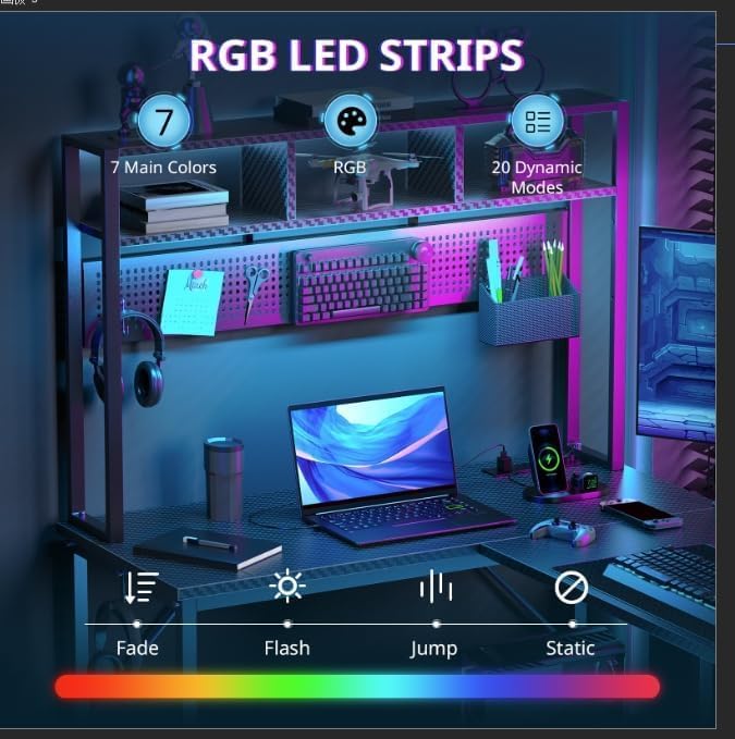 94.5'' Gaming Desk with Pegboard & Shelves Large, L Shaped Computer Desk with Drawers & Power Outlet & LED & Monitor Stand & Mobile CPU Stand, Home Office Black Carbon Fiber