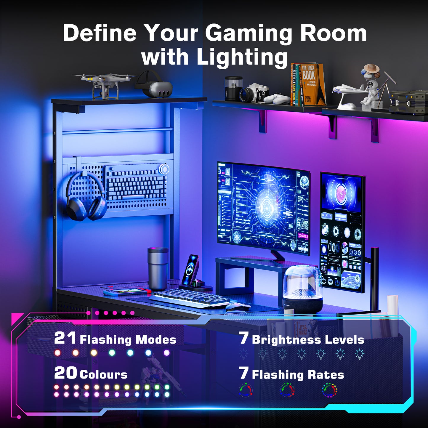 KOLIGEY Computer Desk with Adjustable Storage Rack & LED Lights, 47 Inch Gaming Desk