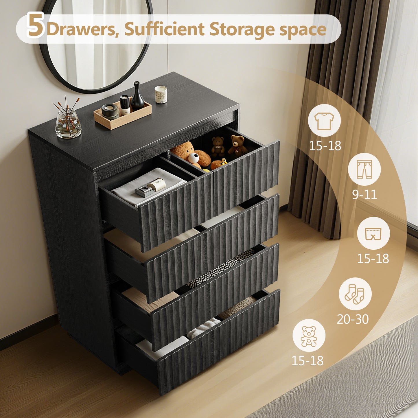 5-Drawer Dresser 27.5"W Single Dresser With Waveform Fluted Panel