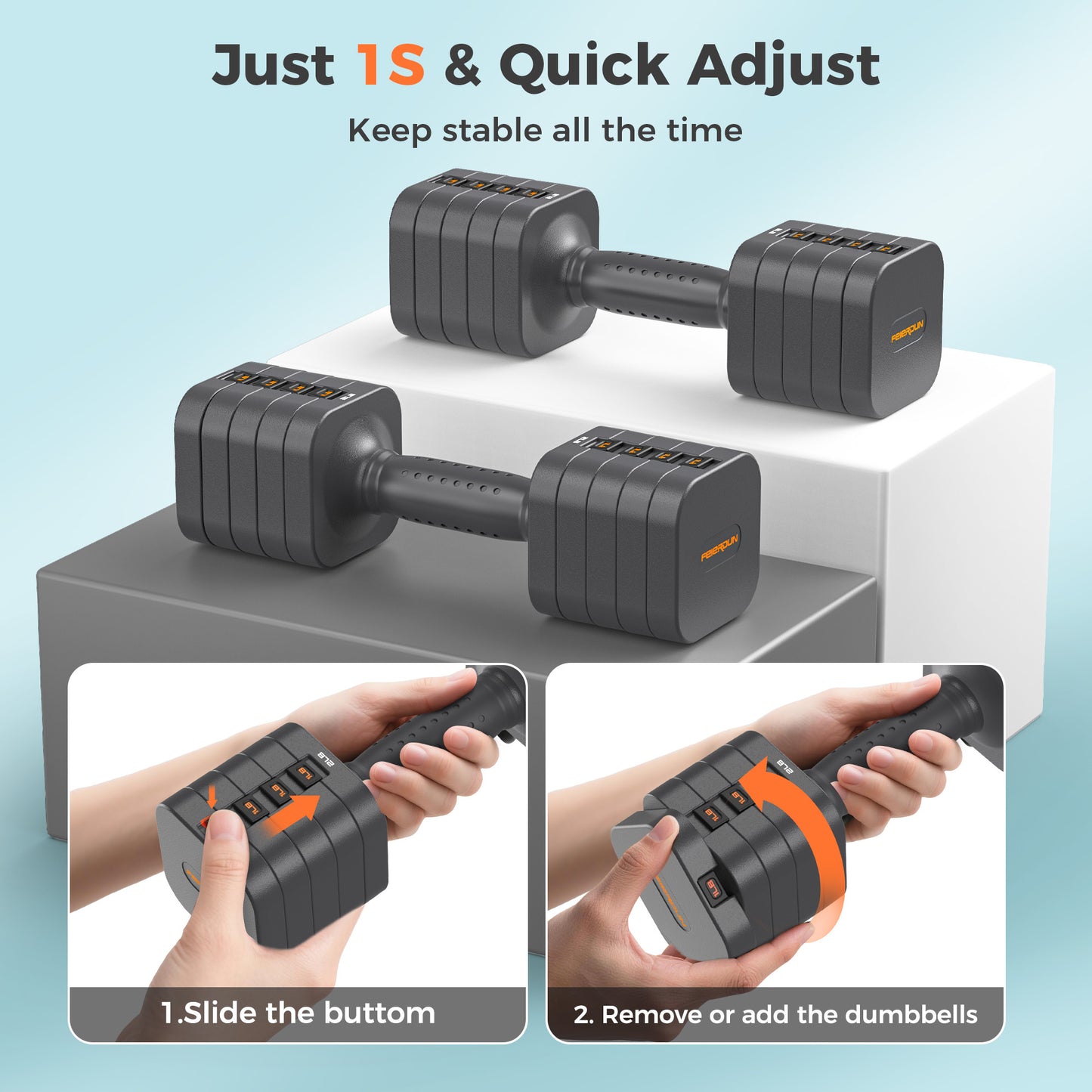 FEIERDUN 5-in-1 Adjustable Dumbbell Set of 2, 20LBS/10LBS Hand Weights for Women, 1s-Adjust Dual-Stable Dumbbell Set for Women Home Gym & Outdoor