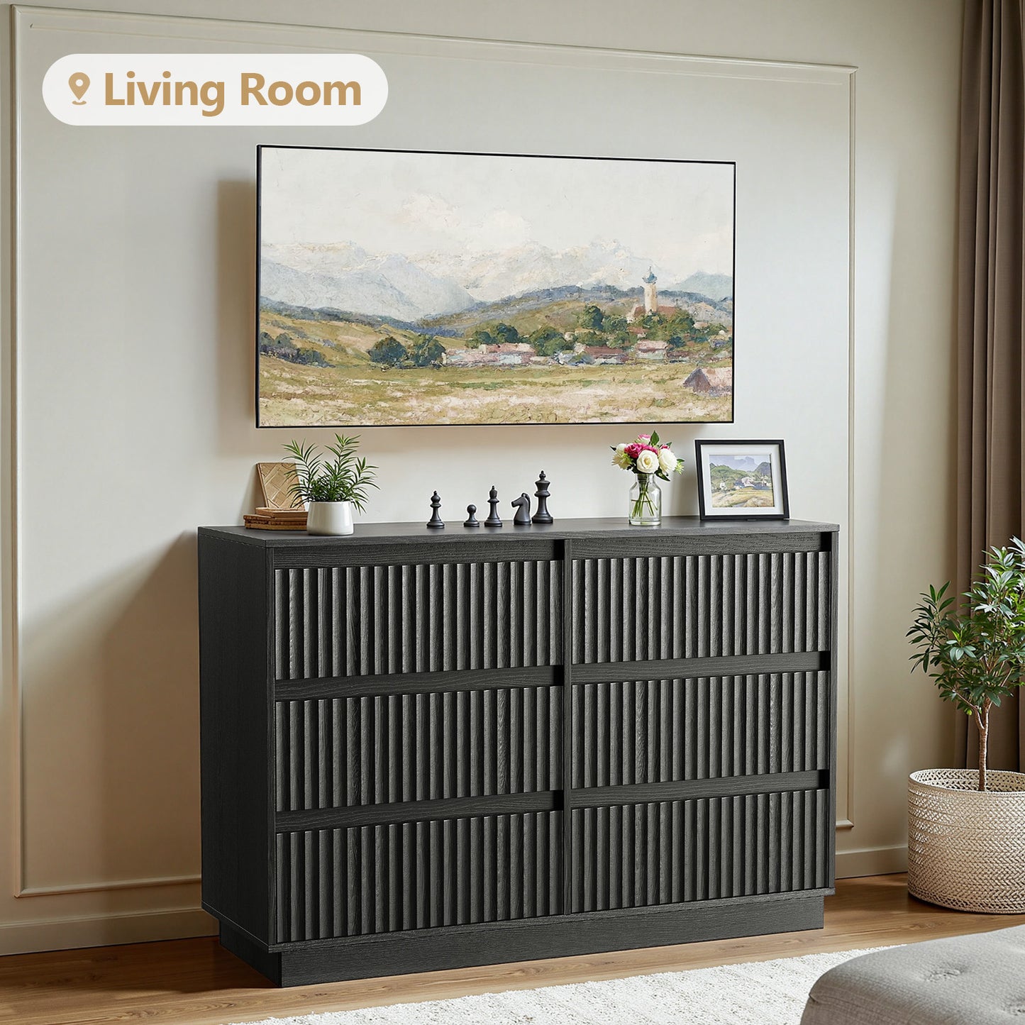 6-Drawer Dresser 47"W Double Dresser With Waveform Fluted Panel