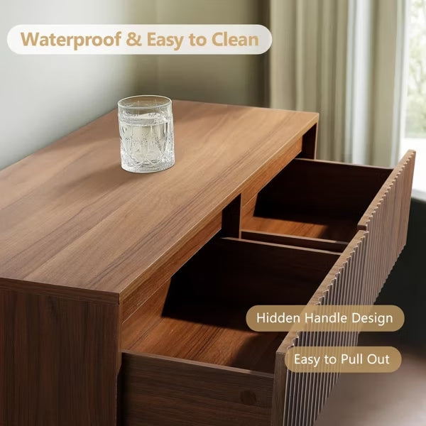 KOLIGEY 6-Drawer Dresser 47"W Double Brown Dresser With Waveform Fluted Panel