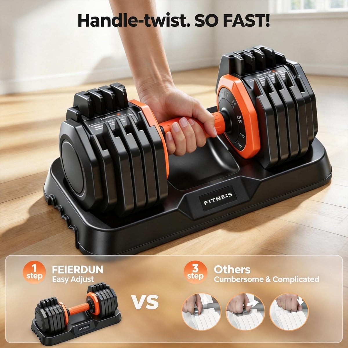 FEIERDUN Adjustable Dumbbell Set, Weight Set for Home Gym, 10-in-1 Free Weight Adjustable Dumbbells, Single Hand Twist Adjust with Non-Slip Handles, 90% Space Saving Strength Training for both Men&Women