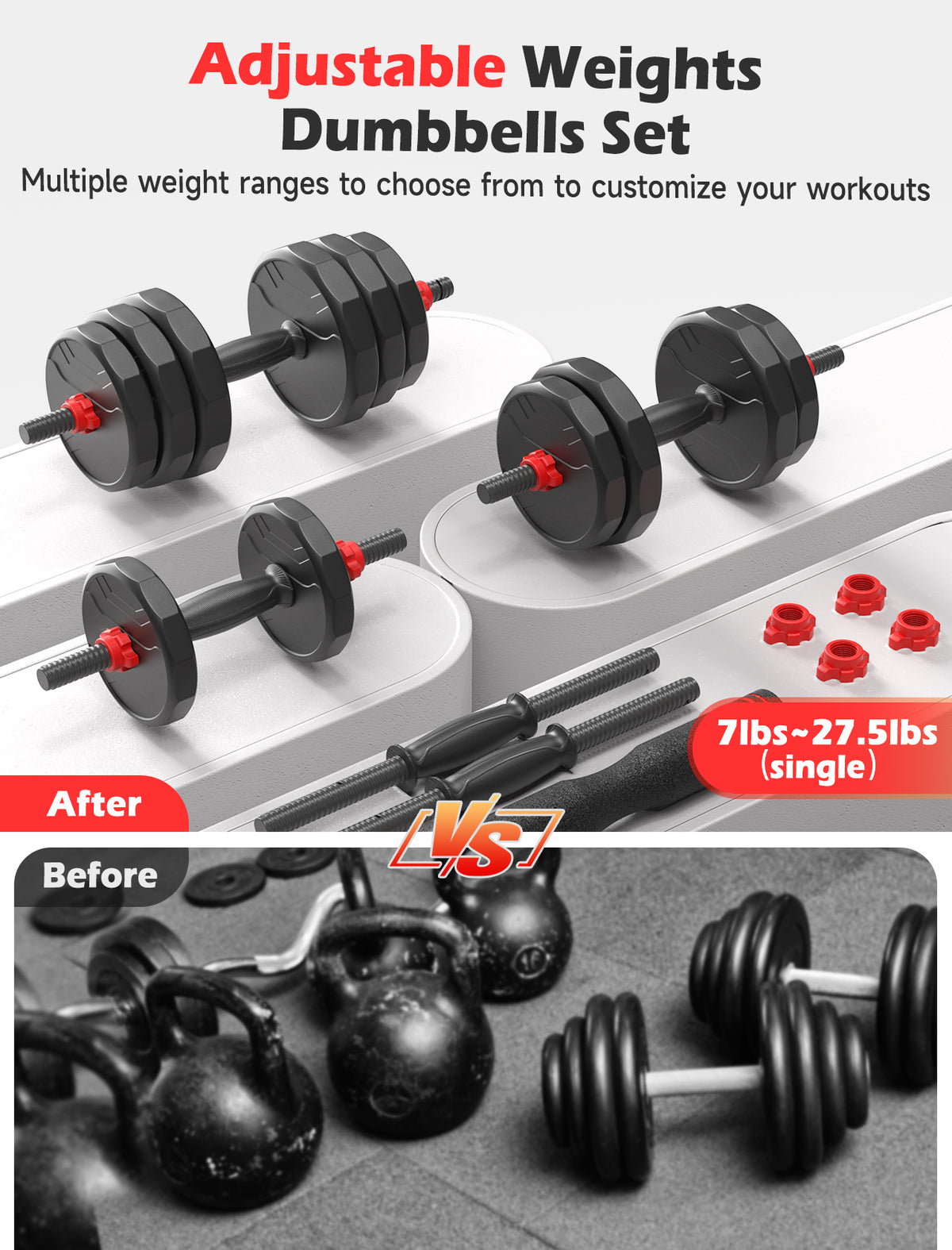 FED FITNESS 55/70/90 LBS Adjustable Dumbbell Set, 5-in-1 Free Weight Set with Barbell Connector, Kettlebell, Push-Up Stand and Weight Plates for Home Gym Use