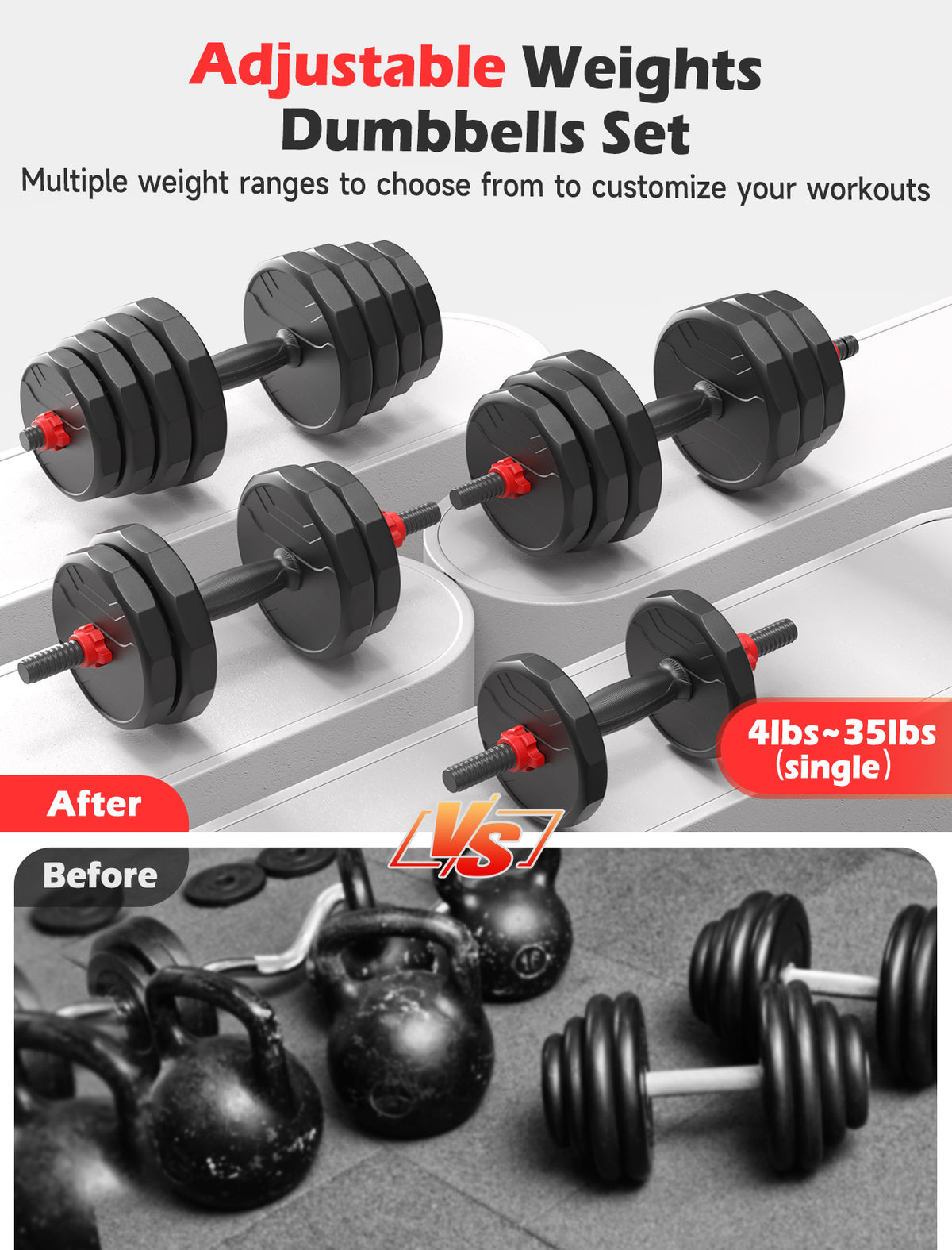 FED FITNESS 55/70/90 LBS Adjustable Dumbbell Set, 5-in-1 Free Weight Set with Barbell Connector, Kettlebell, Push-Up Stand and Weight Plates for Home Gym Use