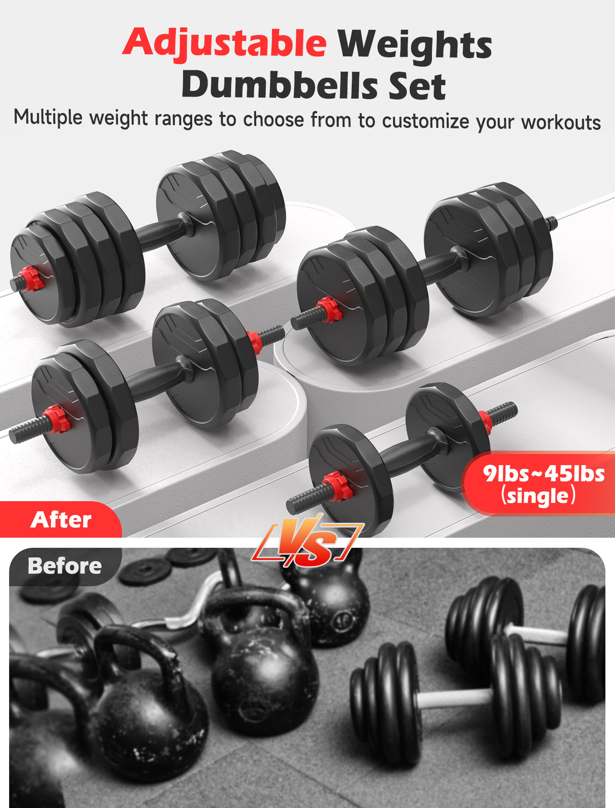 FED FITNESS 55/70/90 LBS Adjustable Dumbbell Set, 5-in-1 Free Weight Set with Barbell Connector, Kettlebell, Push-Up Stand and Weight Plates for Home Gym Use