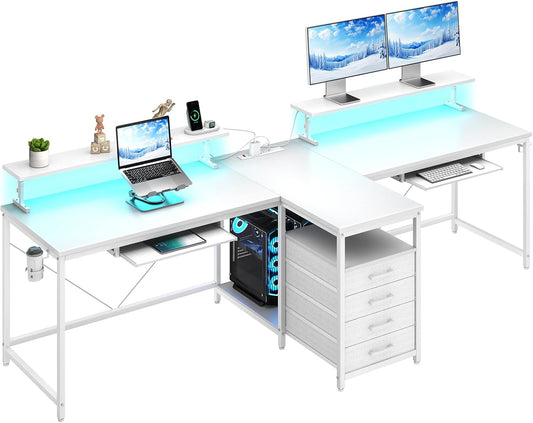 2 Person Desk with Power Outlet & LED Lights, Extra Long 94.5 Inch Double Person Computer Desk with Storage Shelves,Keyboard Tray and Monitor Stand for Home Office, T Shaped Gaming Desk