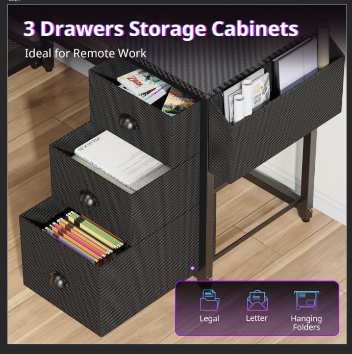 94.5'' Gaming Desk with Pegboard & Shelves Large, L Shaped Computer Desk with Drawers & Power Outlet & LED & Monitor Stand & Mobile CPU Stand, Home Office Black Carbon Fiber