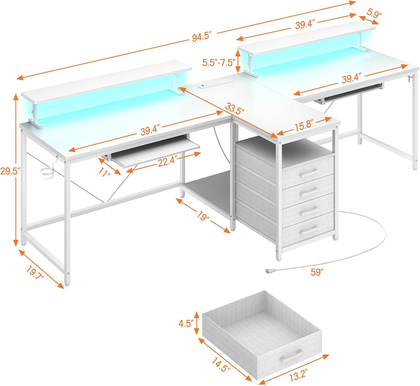 2 Person Desk with Power Outlet & LED Lights, Extra Long 94.5 Inch Double Person Computer Desk with Storage Shelves,Keyboard Tray and Monitor Stand for Home Office, T Shaped Gaming Desk