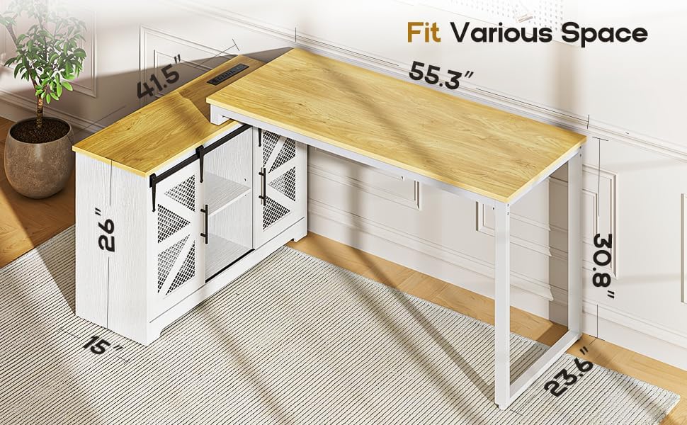 Rustic Corner Desk with Storage, L Shaped Farmhouse Office Desk with Sufficient Storage Capacity, Built-in Power Socket and Barn Door Design