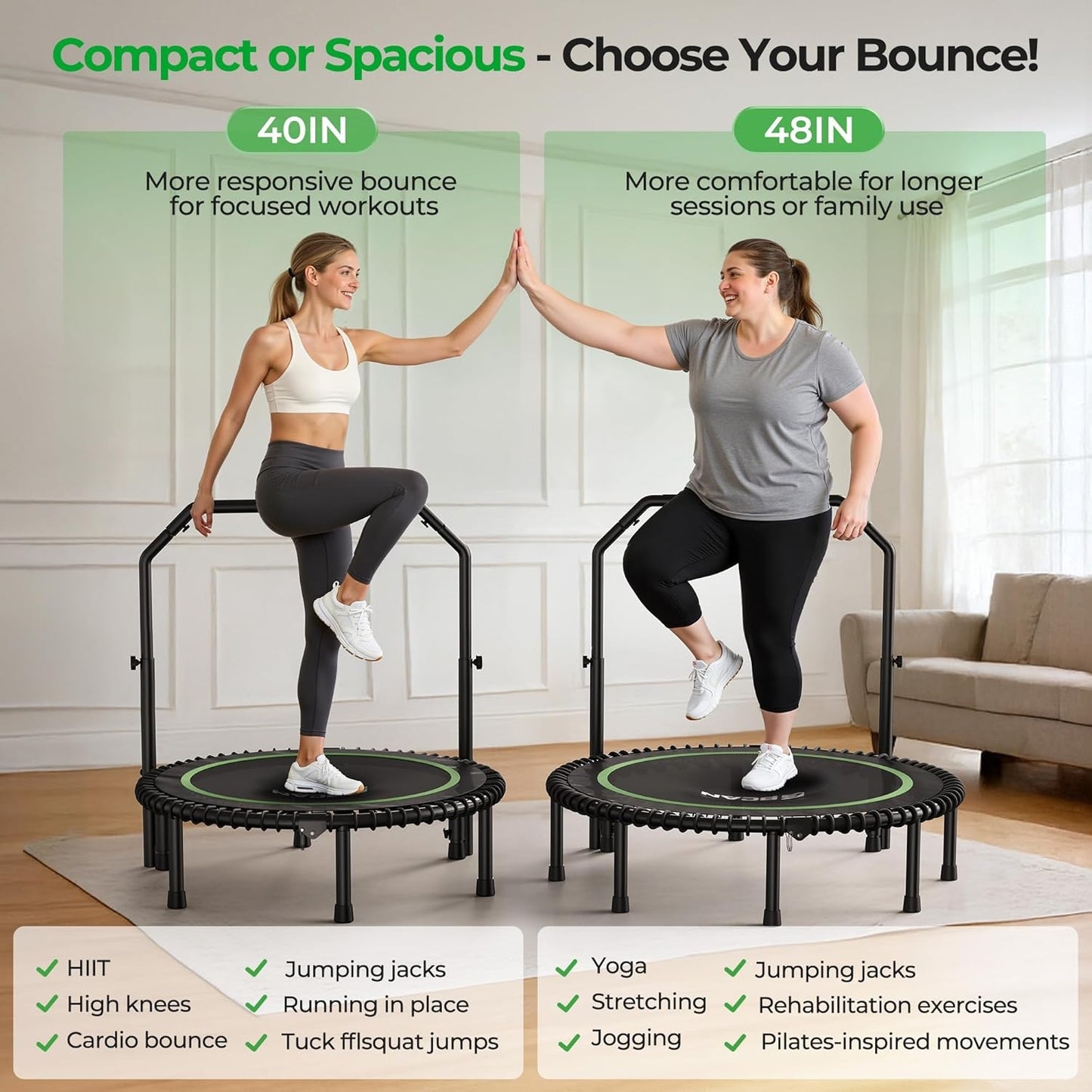 BCAN 450/550LBS Mini Rebounder Trampoline for Adults with Bar, Fitness Trampoline with Bungees, Adjustable Handle, Stable & Quiet, Indoor Outdoor, Whole-Body Workout & Relaxation at Home-40IN/48IN (Copy)