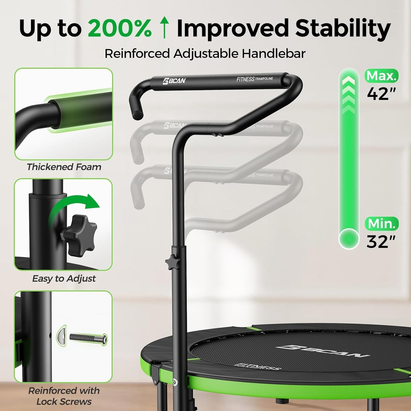 BCAN 40" Foldable Mini Trampoline, Rebounder Trampoline for Adults,  Adjustable Handle, Exercise Rebounder for Adults Indoor/Garden Workout, Max Load 330lbs