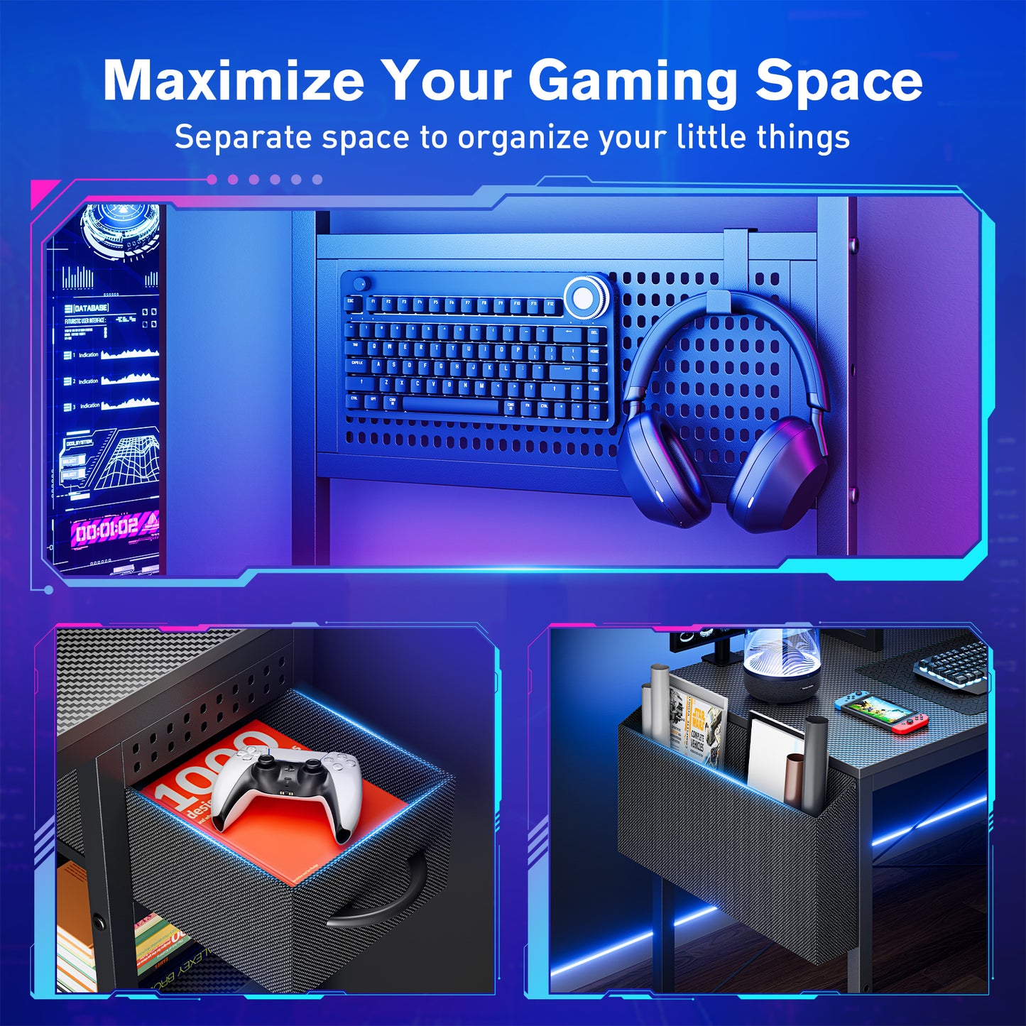 KOLIGEY Computer Desk with Adjustable Storage Rack & LED Lights, 47 Inch Gaming Desk