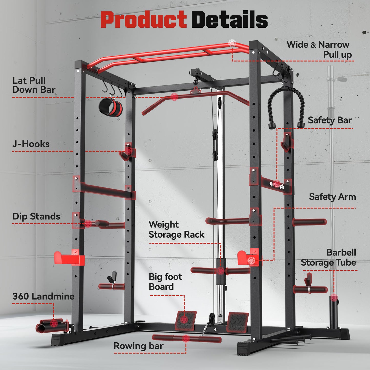 Sportsroyals Power Cage, Power Rack with Adjustable Cable Crossover System, Weight Cage for Home Gym