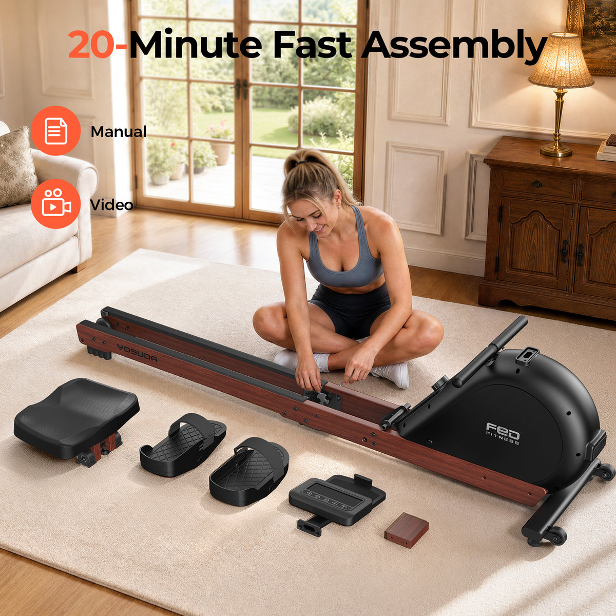 YOSUDA Wooden Rowing Machine for Home, Foldable Magnetic Rower with 32 Resistance Levels & Self-Powered System,Full Body Low-Impact Cardio Equipment