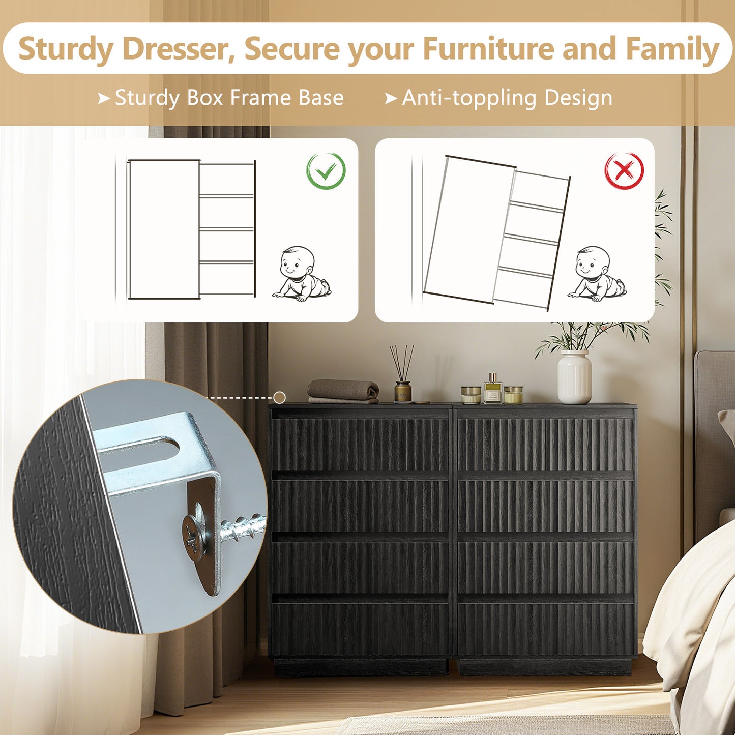5-Drawer Dresser 27.5"W Single Dresser With Waveform Fluted Panel