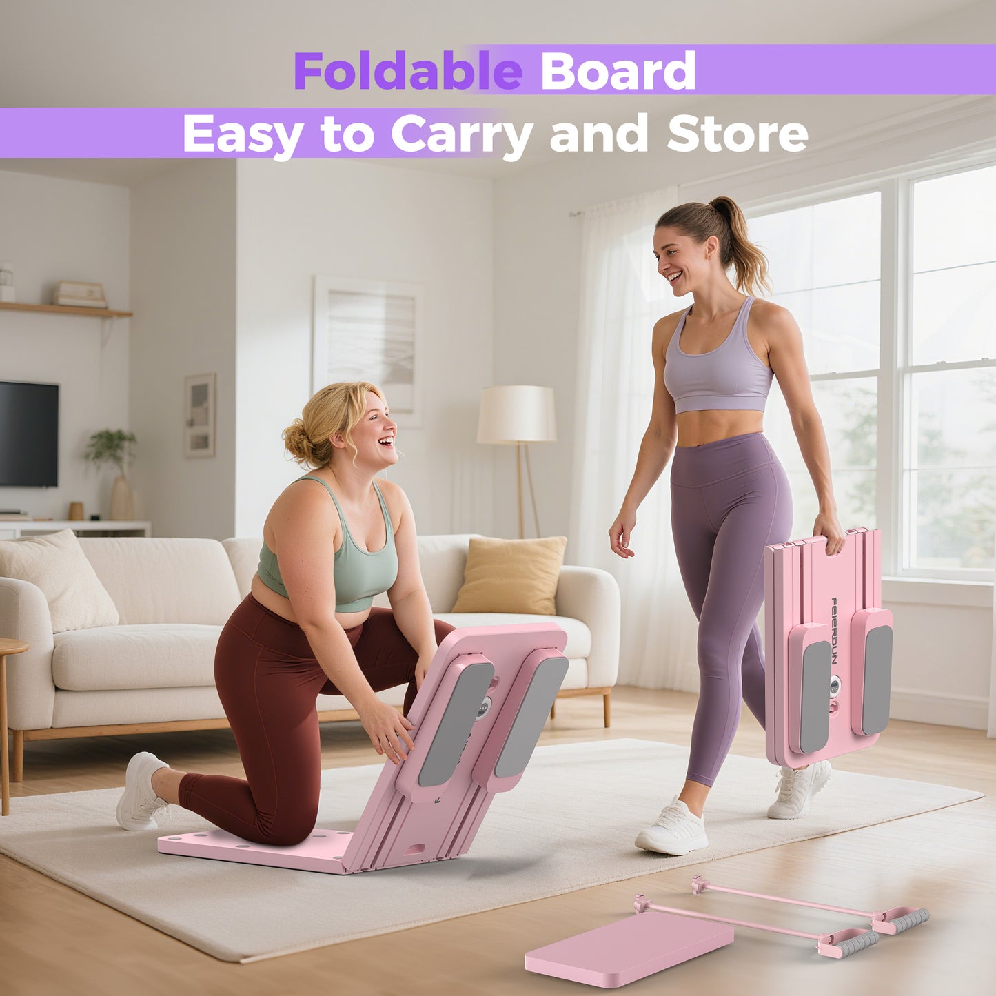 FEIERDUN 5 in 1 Folding Pilates Board, Pilates Reformer Set with 300 LBS Weight Capacity, Portable Home Pilates for Woman (Pink)