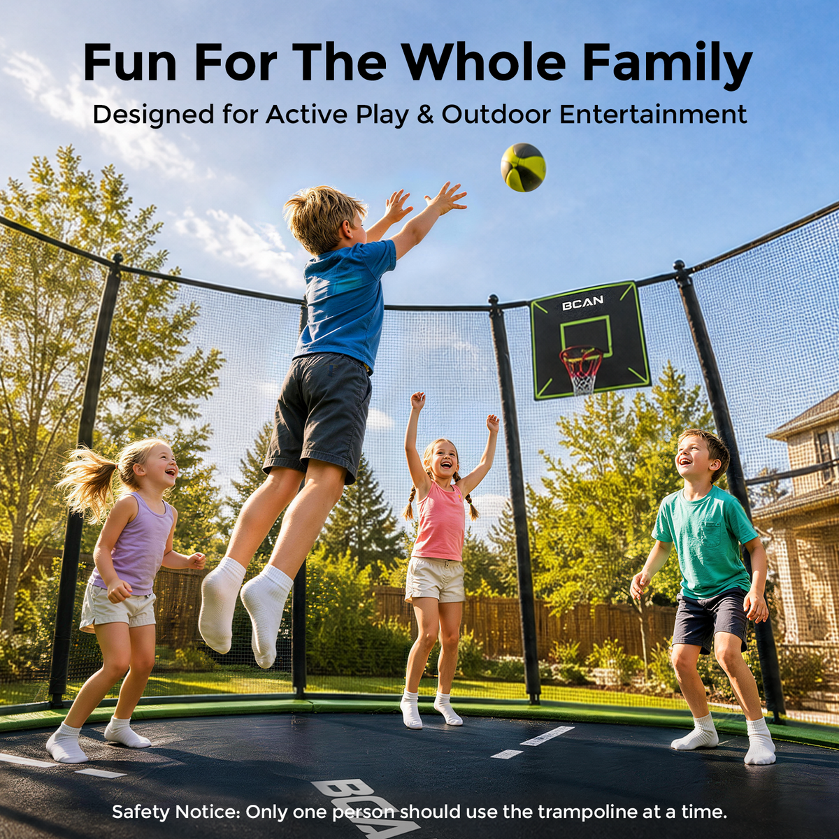 BCAN 16FT Recreational Trampoline with Enclosure for Kids Adults, ASTM Approved, Outdoor Trampolines with Ladder for Kids