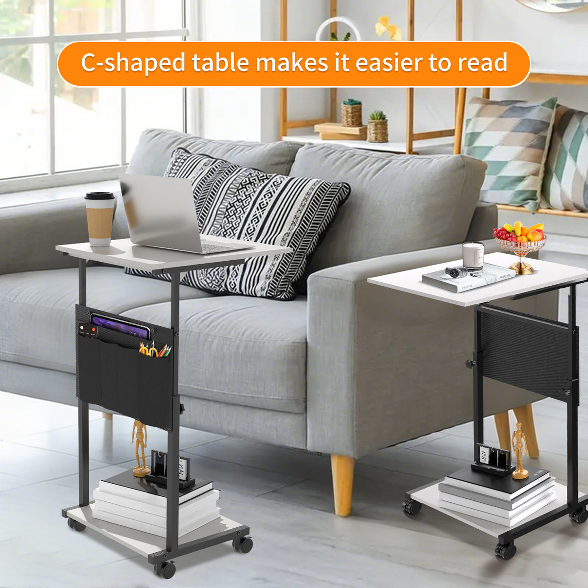 KOLIGEY Height Adjustable C-Shaped End Table with Wheels, Mobile Sofa Side Table with Storage Pocket, Rolling Laptop Desk, Lockable Casters