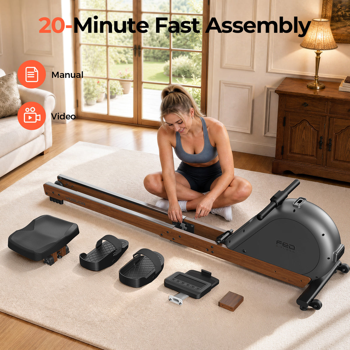 YOSUDA Wooden Rowing Machine for Home, Foldable Magnetic Rower | 32 Levels Resistance & Self-Powered System