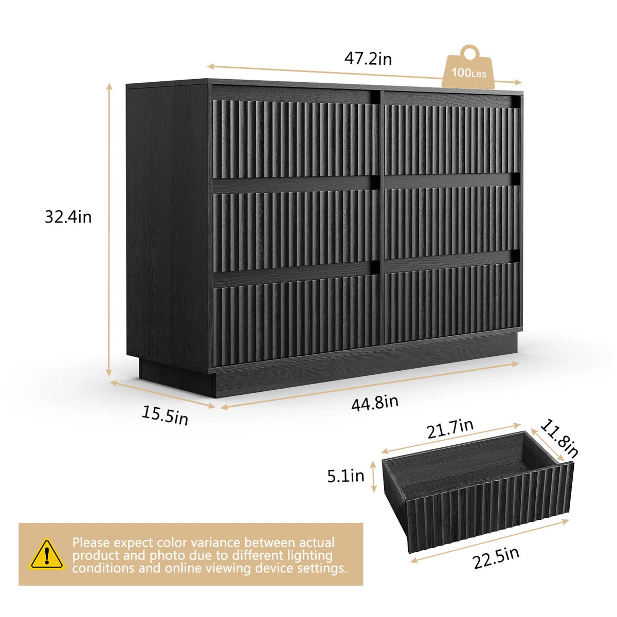 KOLIGEY 6-Drawer Dresser 47"W Double Dresser With Waveform Fluted Panel