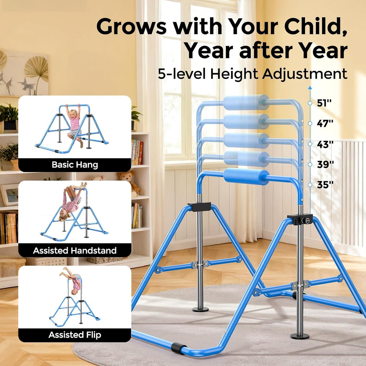 Sportsroyals Gymnastics Bar for Kids,Adjustable Height Gymnastic Horizontal Bars,Folding Gymnastic Junior Training Kip Bar for Home