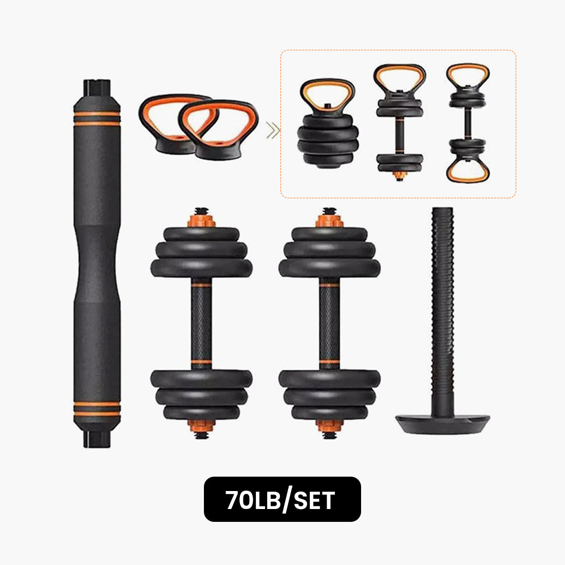 Flybird Adjustable Dumbbells, 70lbs Free Weight Set with Connector, 6 in1 Dumbbells Set as Barbell, Kettlebells, Push up Stand, Fitness Exercises for Home Gym