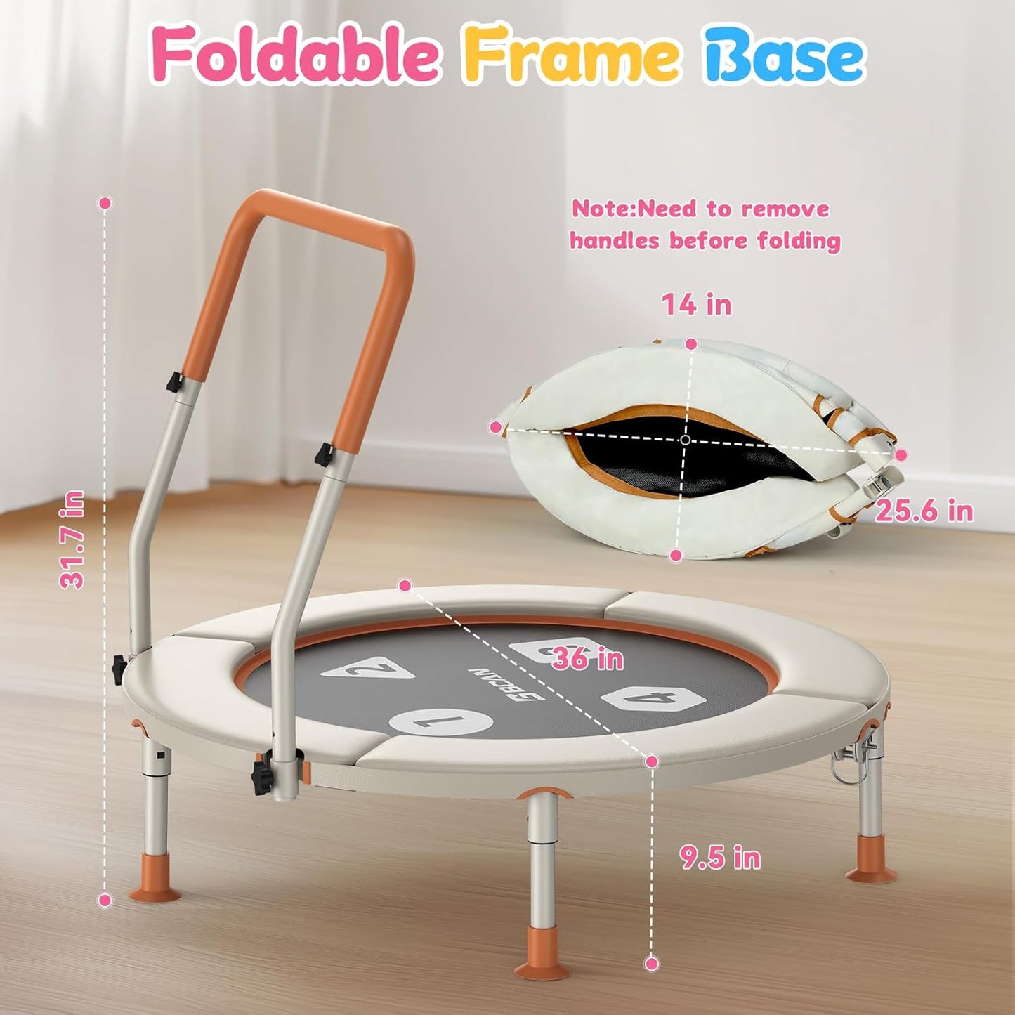 BCAN 36inch Mini Toddler Trampoline for Kids Ages 1-6 Indoor Outdoor Folding Small Rebounder Trampoline with Foam Handle Safety Padded Cover