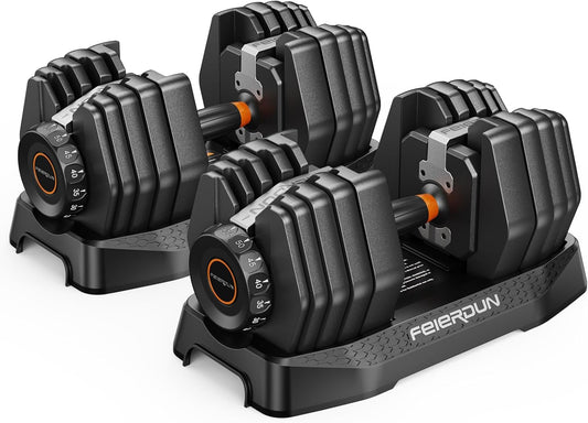 FEIERDUN 15-in-1 Adjustable Dumbbell Set, 5-52.5 lbs Each, 1-Second Quick Change, with Storage Box & App – Ideal for Drop Set, Superset, HIIT Home Gym, Non-Slip Handles