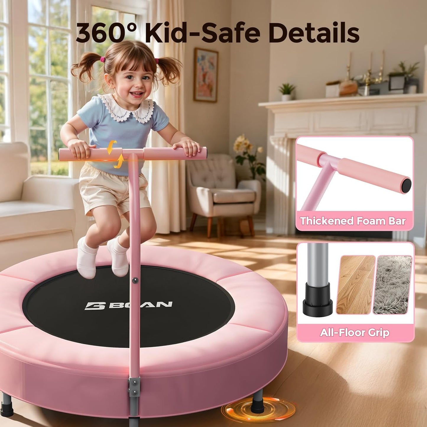 BCAN 36'' Toddler Trampoline, ASTM Certified - Kids Trampoline for Ages 1-6, Foam Handle & Safe Thickened Cover