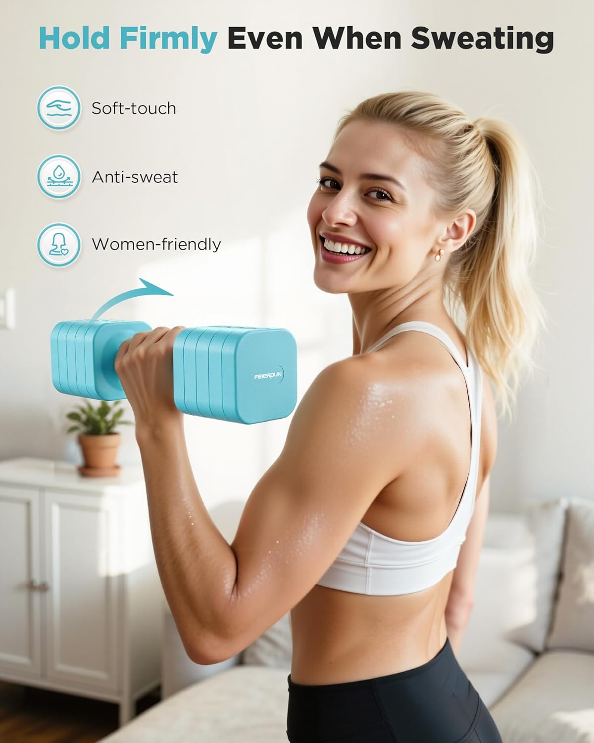 FEIERDUN 5-in-1 Adjustable Dumbbell Set of 2, 20LBS/10LBS Hand Weights for Women, 1s-Adjust Dual-Stable Dumbbell Set for Women Home Gym & Outdoor