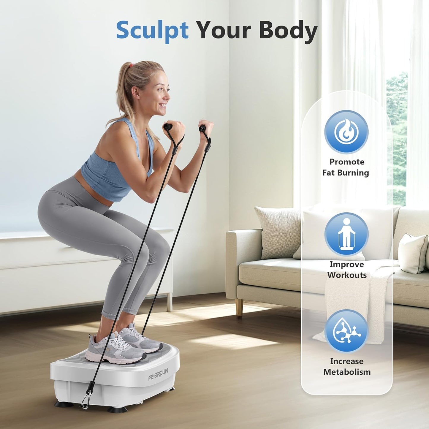FEIERDUN Vibration Plate Exercise Machine, Whole Body Workout Vibrate Platform, 9 Modes Vibration Plate for Lymphatic Drainage Weight Loss Shaping Toning Wellness