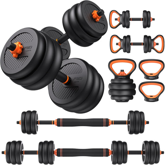 Feierdun Adjustable Dumbbells, Free Weight Set with Connector, 5 in1 Dumbbells Set Used as Barbell, Kettlebells, Push up Stand, Weight Plate, Fitness Exercises for Home Gym