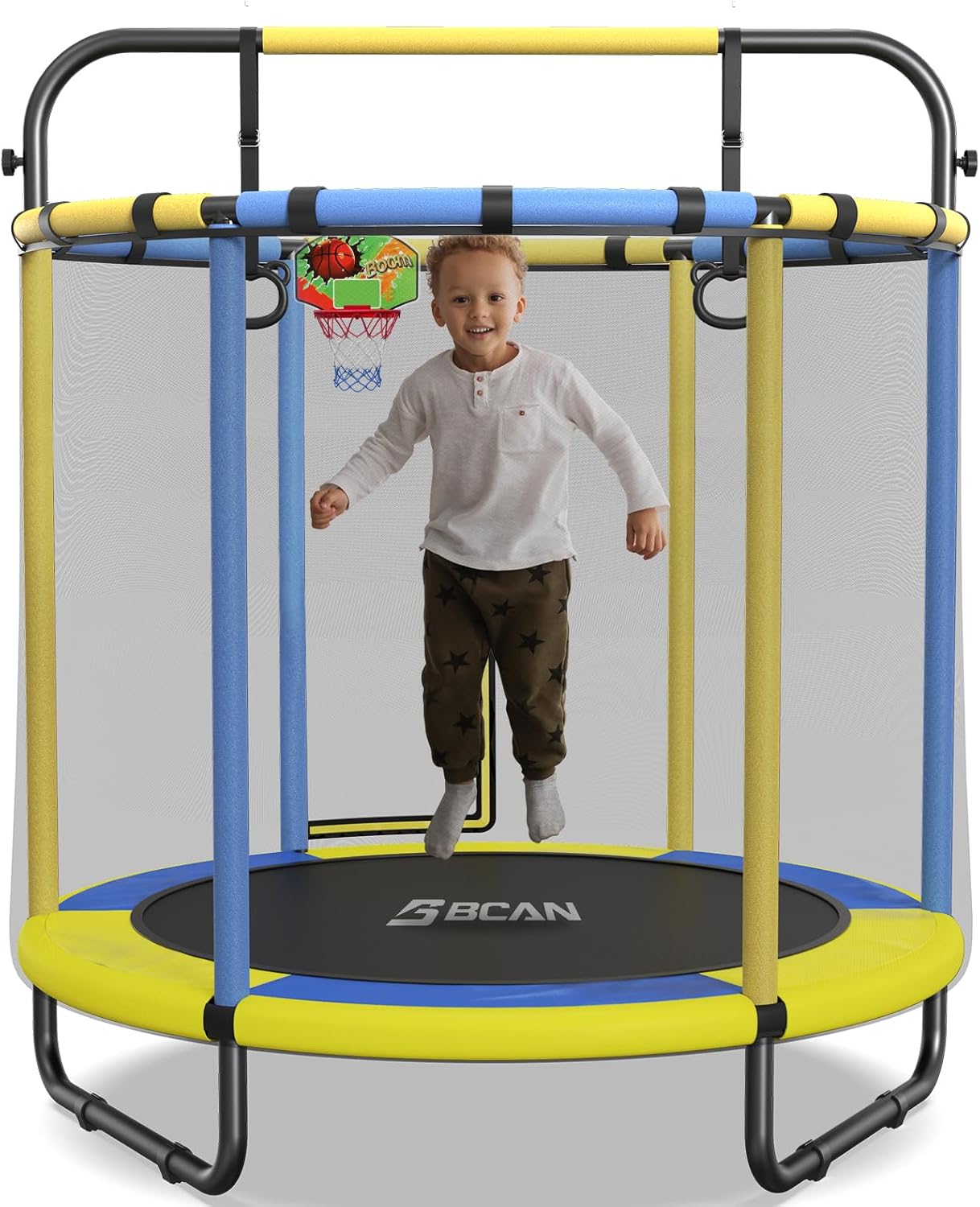 BCAN 55" Trampoline for Kids with Thickened Enclosure Net, Toddler Trampoline Indoor/Outdoor with Adjustable Gymnastics Bars & Basketball Hoop