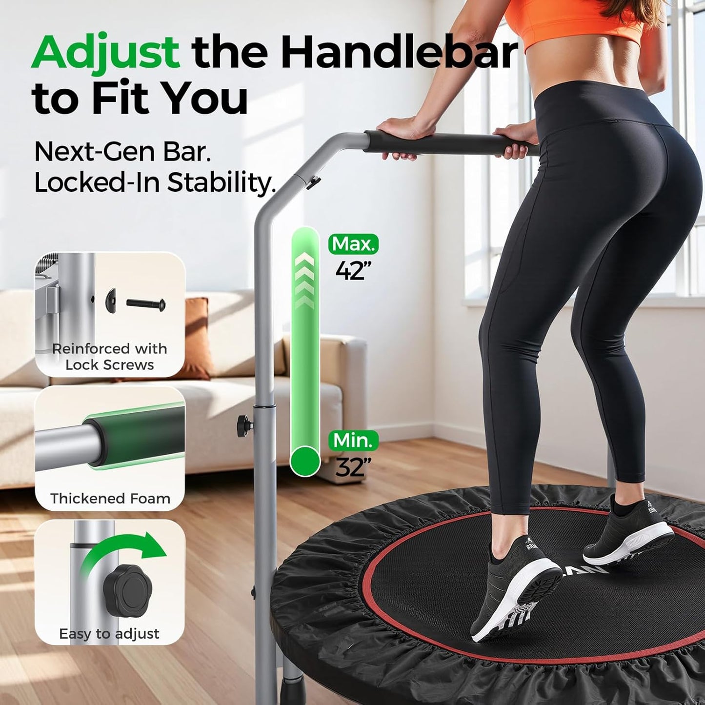 BCAN 40/48" Foldable Trampoline Max Load 330lbs/440lbs, Fitness Rebounder with Adjustable Foam Handle, Exercise Trampoline for Adults Indoor/Garden Workout