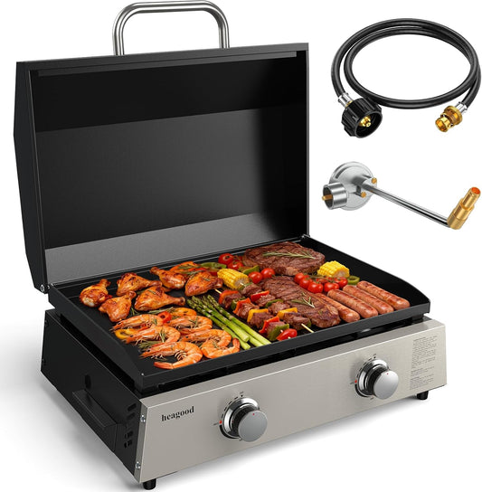 KOLIGEY Flat Top Gill, Outdoor Griddle 22” Tabletop Gas Griddle with Hood (24000 BTU, 2 Burner, Carbon Steel Plate)