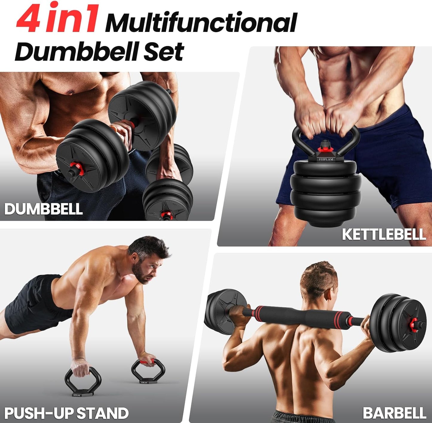 Adjustable dumbbell set, Free Weights set with upgraded nut, 4 in 1 Weight Set Used as Kettlebells, Barbell, Push up Stand